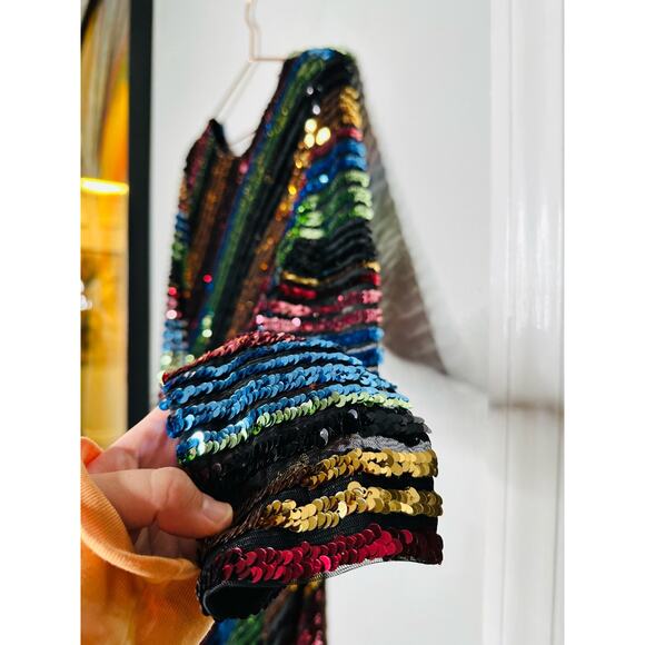 ALCOOLIQUE Peyton Tubolar Black Rainbow Stripe Sequin Mesh Backless Mini Dress10 - Picture 8 of 16